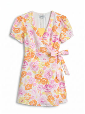 Charlie Holiday Callie Floral Wrap Mini Dress White and Pink, Sz XS